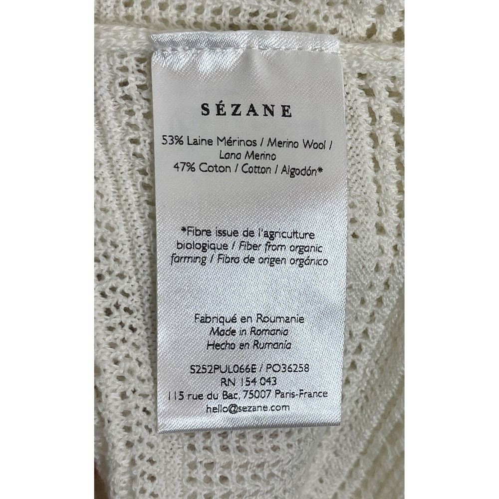SEZANE Ecru Pointelle Openwork Ruffle Neck Merino Wool Cotton Sweater M - Picture 8 of 11